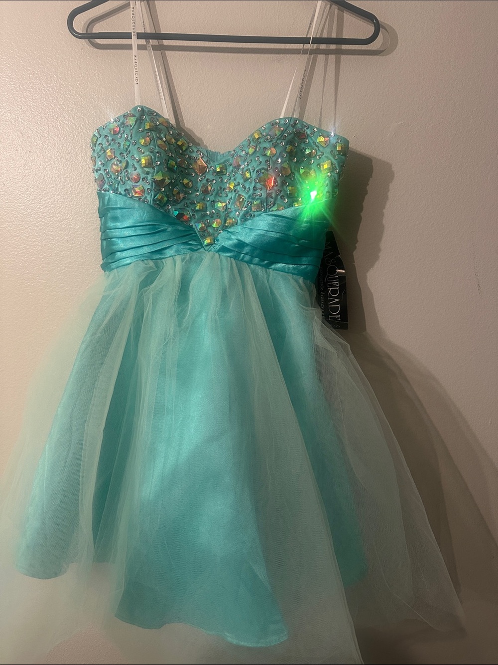 Y2K 2000’s Masquerade Aqua Blue Tulle Strapless Jeweled Prom Dress Size 5/6